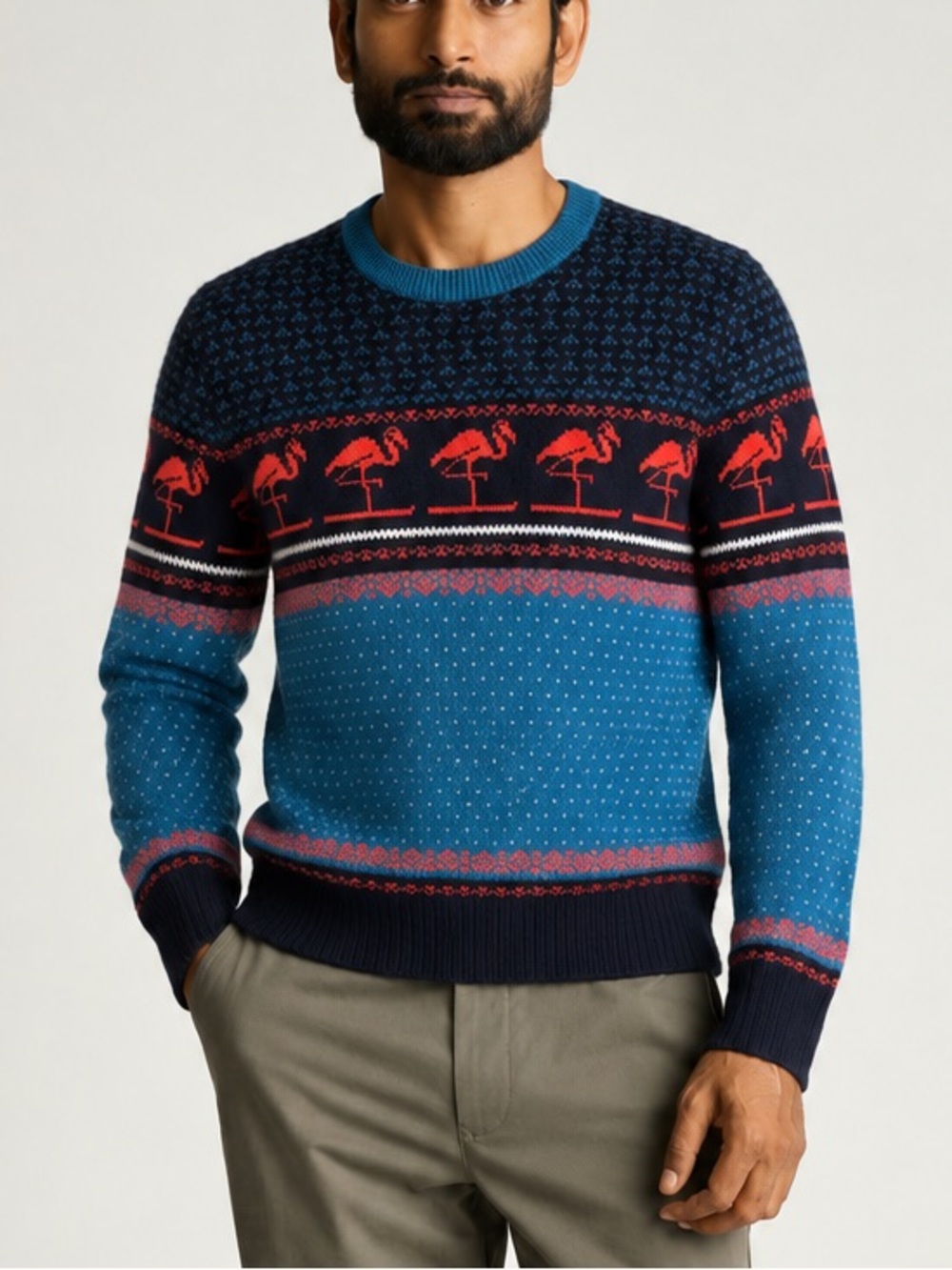 Bonobos Wool Fair Isle Crew Neck Blue Flamingo Novelty Winter Fall Sweater Sz LG